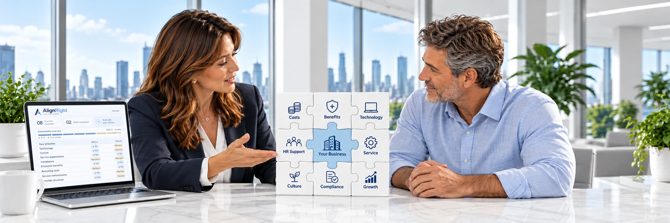 Illustrative scene: An advisor and business owner discuss a completed nine-piece business puzzle, with an Align PEO Scorecard on the laptop on a clean white table.