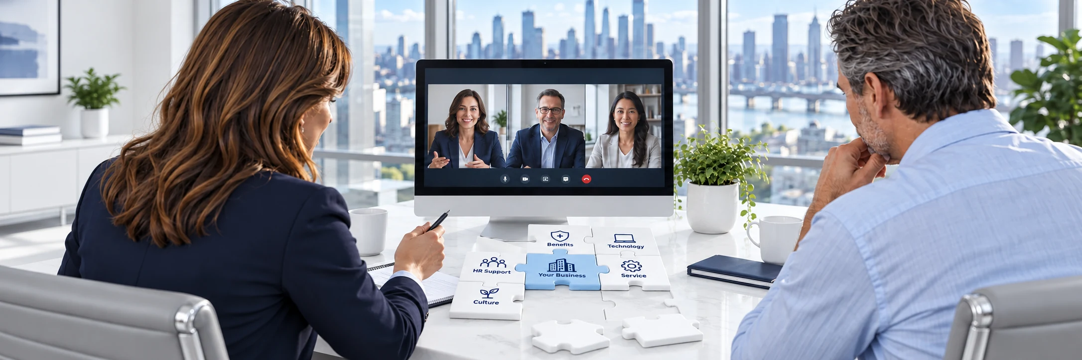 Illustrative scene: The same advisor and owner speak with illustrative providers on a video screen while more puzzle pieces connect.