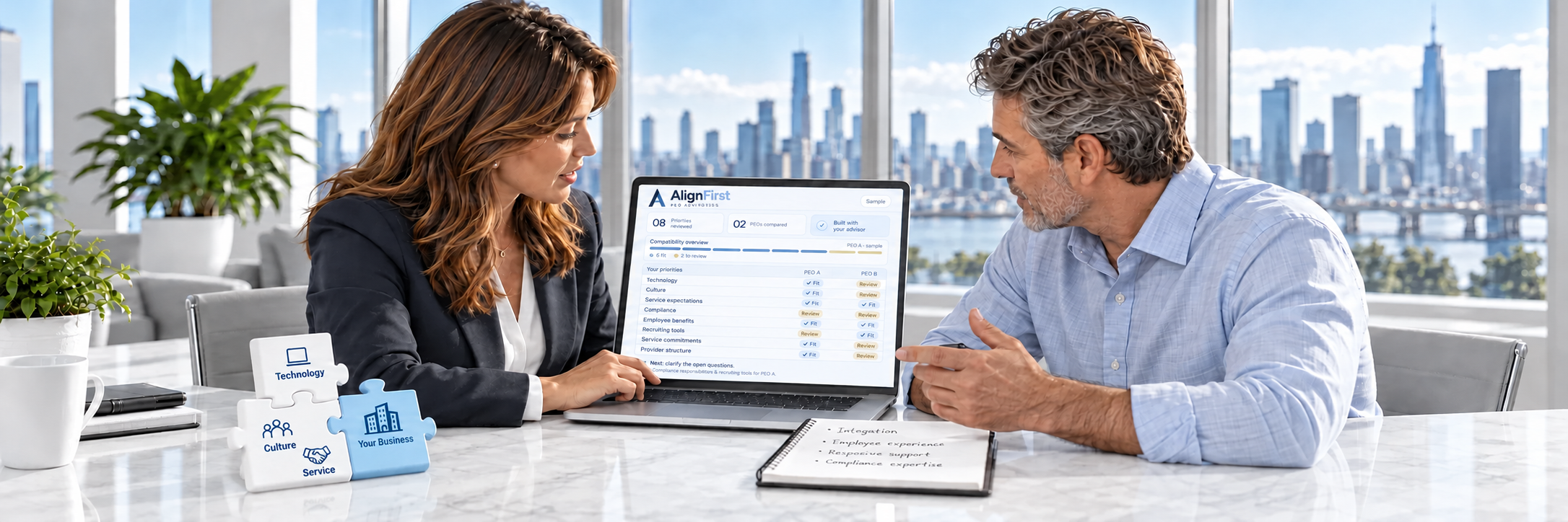 Illustrative scene: An advisor and business owner build an Align PEO Scorecard around technology, culture, service and compliance, with a partial puzzle nearby.